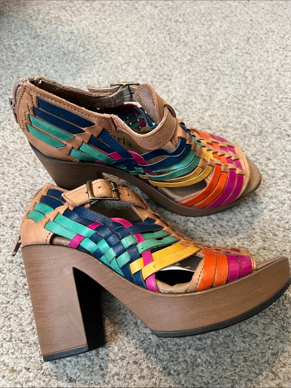 Multicolor Woven Leather Platform Heels - Women
